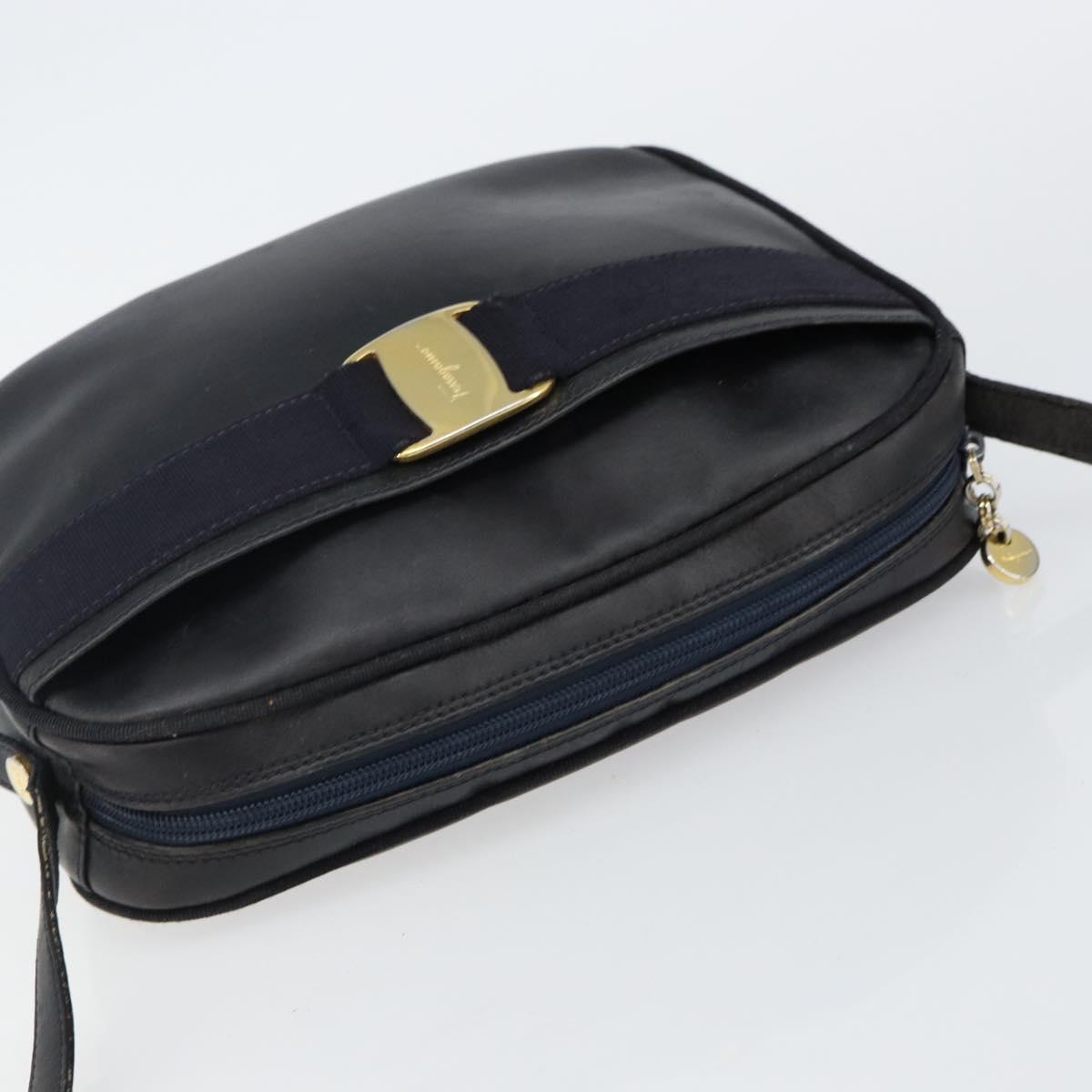 Salvatore Ferragamo Vala Shoulder Bag Leather Navy Gold Auth 143221