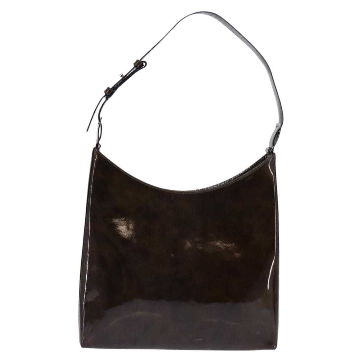 Salvatore Ferragamo Chain Vala Shoulder Bag Enamel Brown Silver Auth 143223