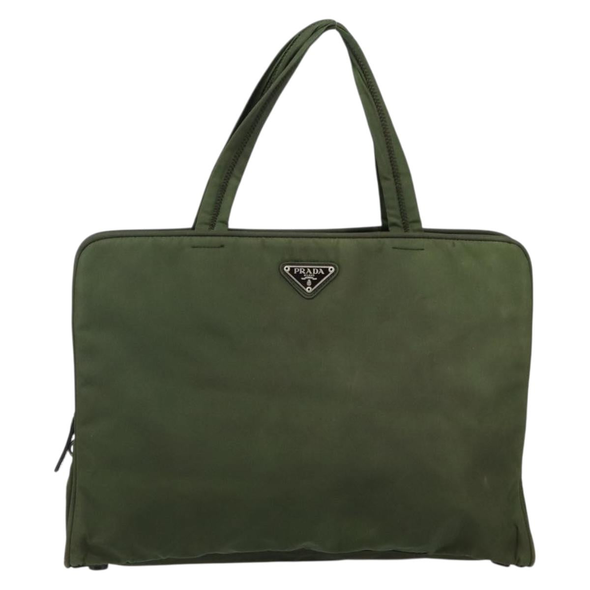PRADA Tote Bag Nylon Khaki Silver Auth 143224