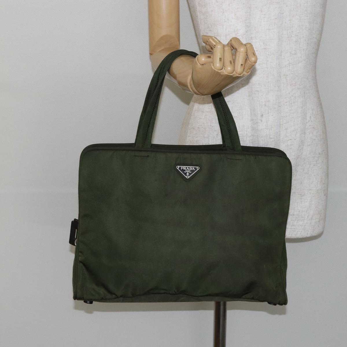 PRADA Tote Bag Nylon Khaki Silver Auth 143224