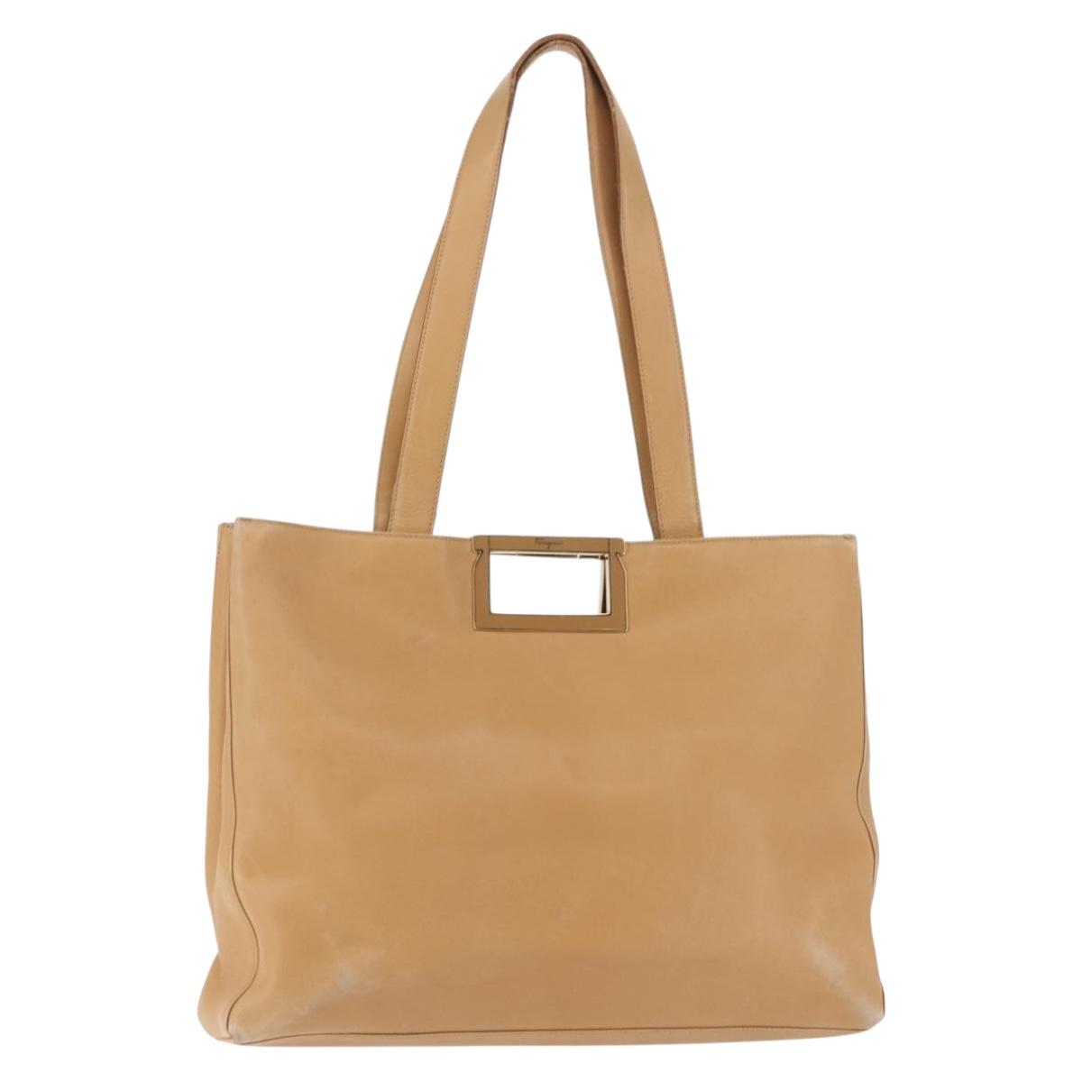 Salvatore Ferragamo Gancini Tote Bag Leather Beige Gold Auth 143257