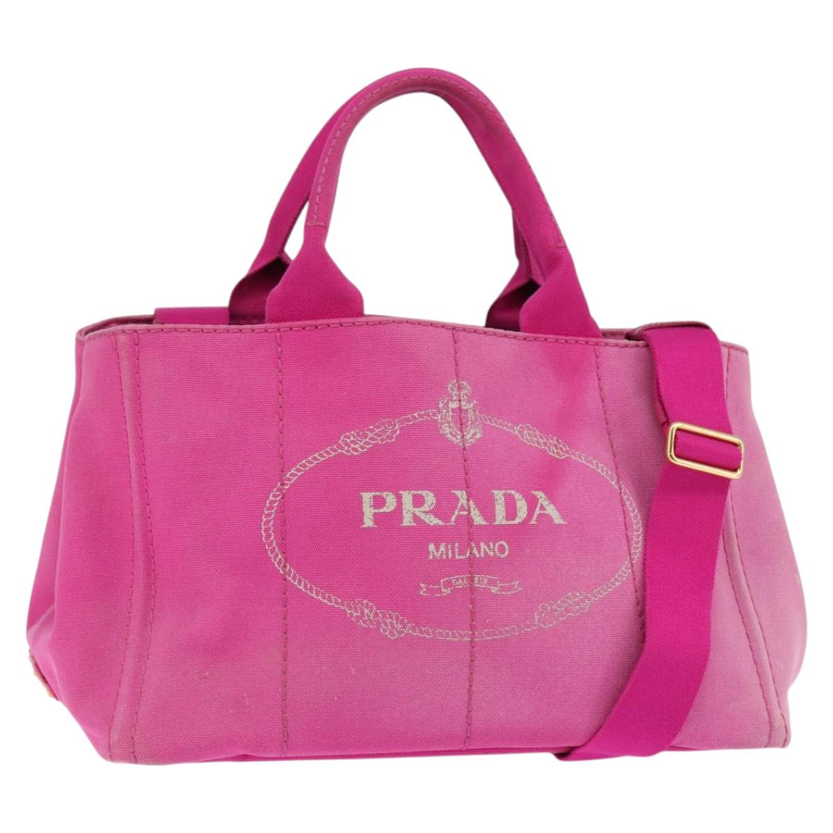 PRADA Canapa MM Hand Bag Canvas 2way Pink Gold Auth 143260