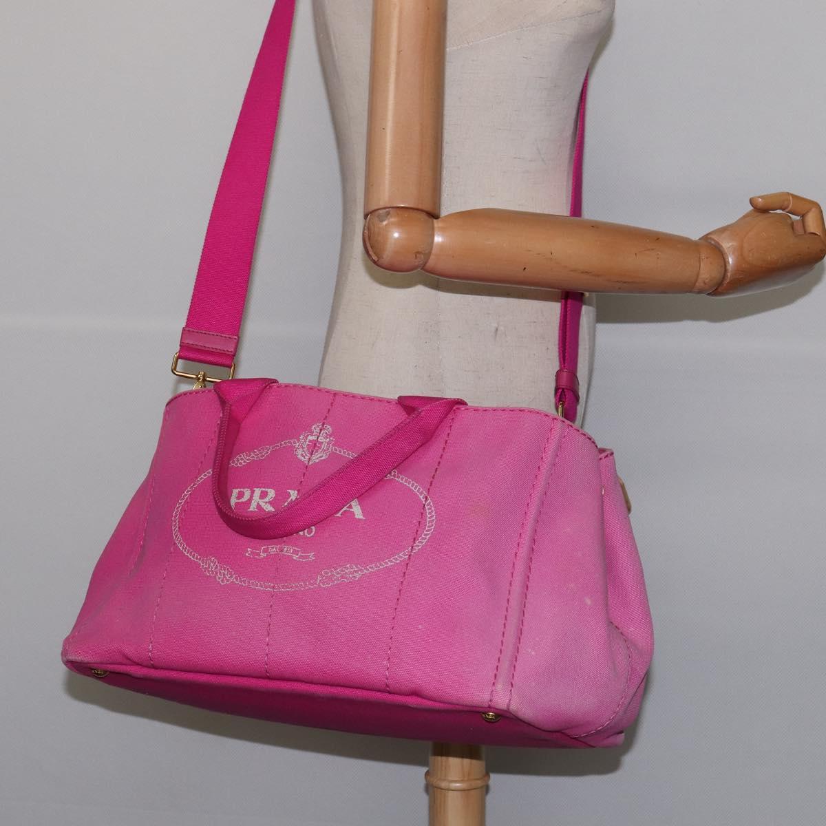 PRADA Canapa MM Hand Bag Canvas 2way Pink Gold Auth 143260