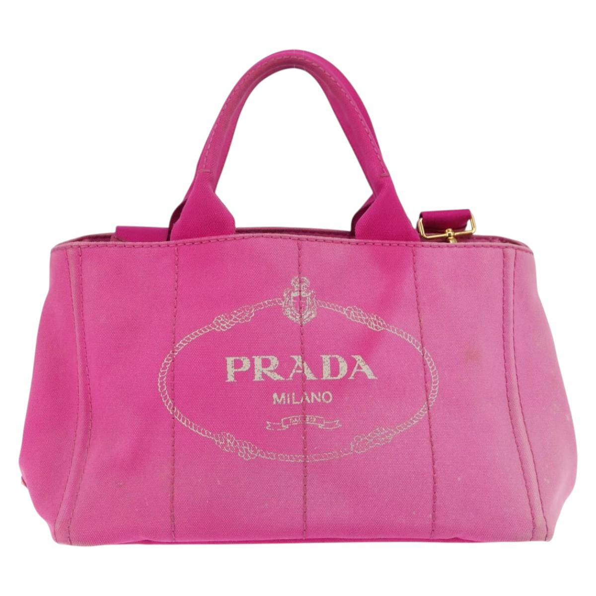 PRADA Canapa MM Hand Bag Canvas 2way Pink Gold Auth 143260