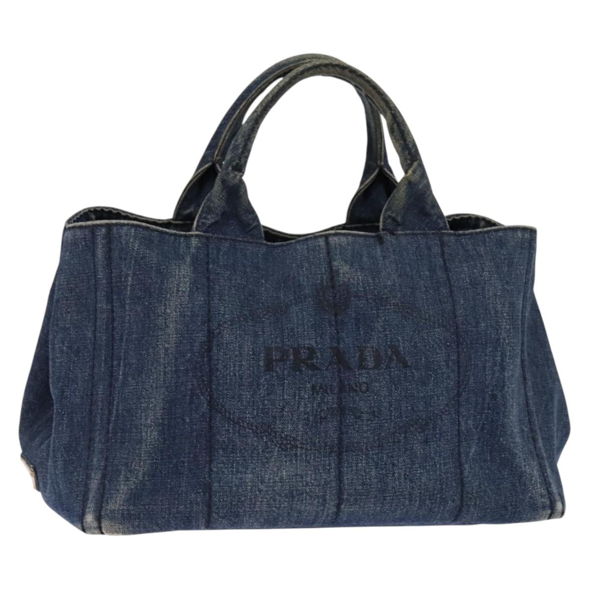 PRADA Canapa GM Hand Bag Denim Blue Gold Auth 143265