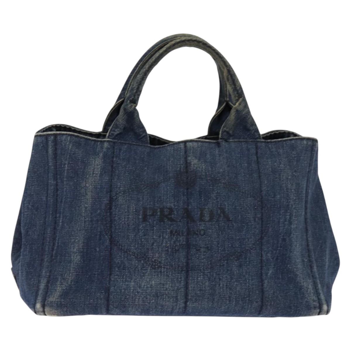 PRADA Canapa GM Hand Bag Denim Blue Gold Auth 143265