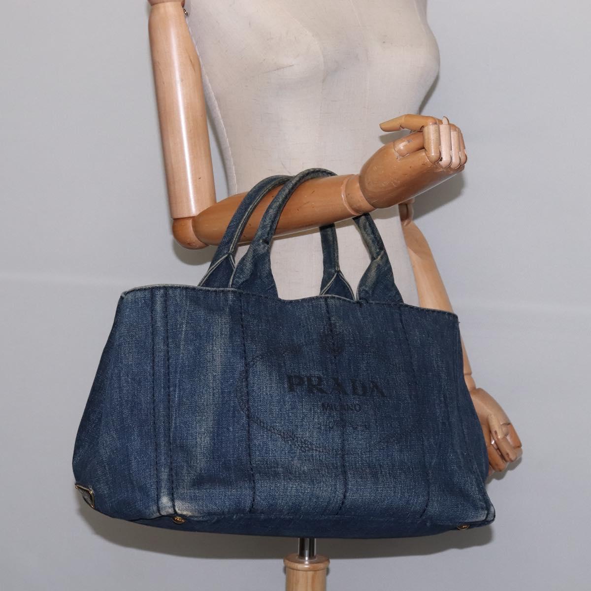 PRADA Canapa GM Hand Bag Denim Blue Gold Auth 143265