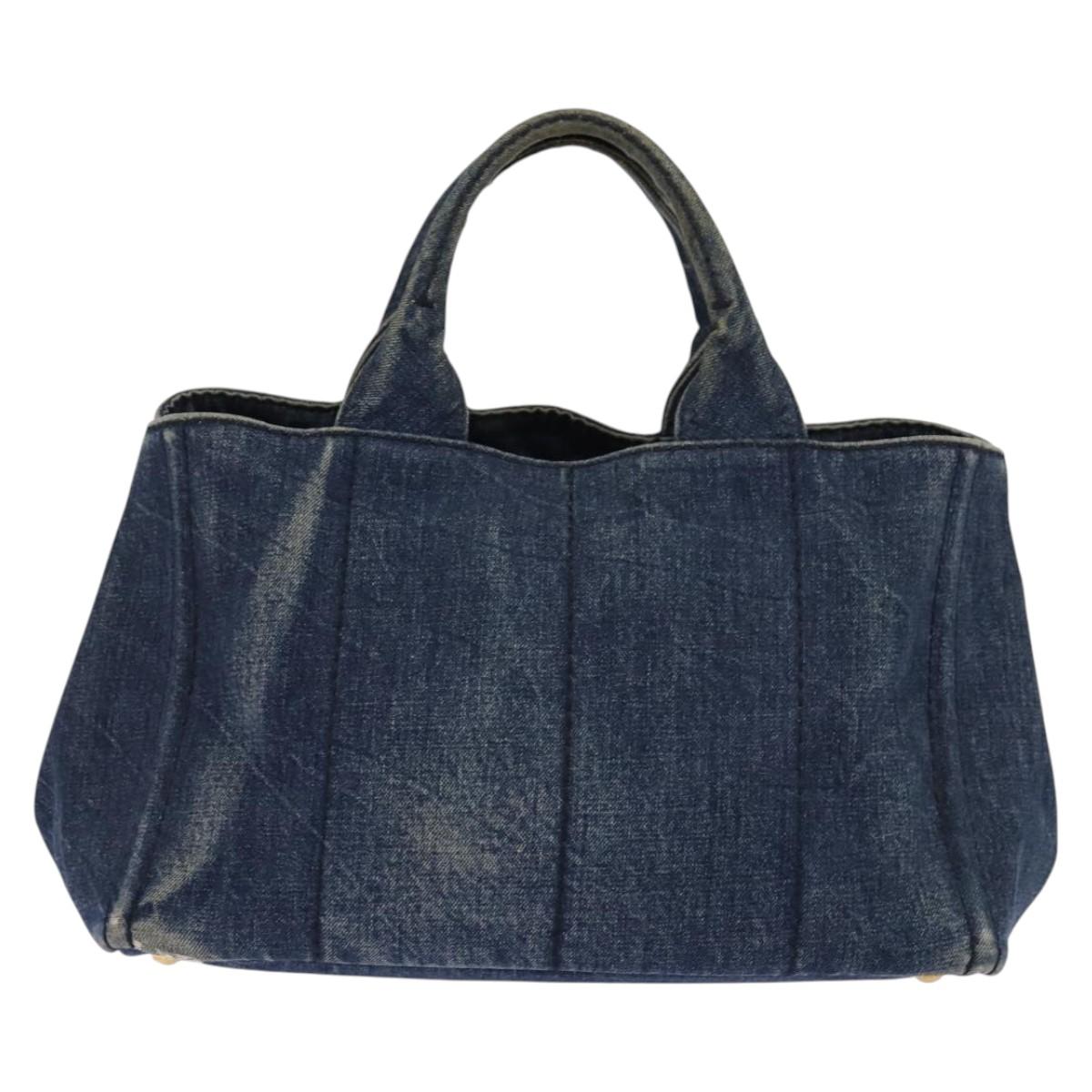 PRADA Canapa GM Hand Bag Denim Blue Gold Auth 143265