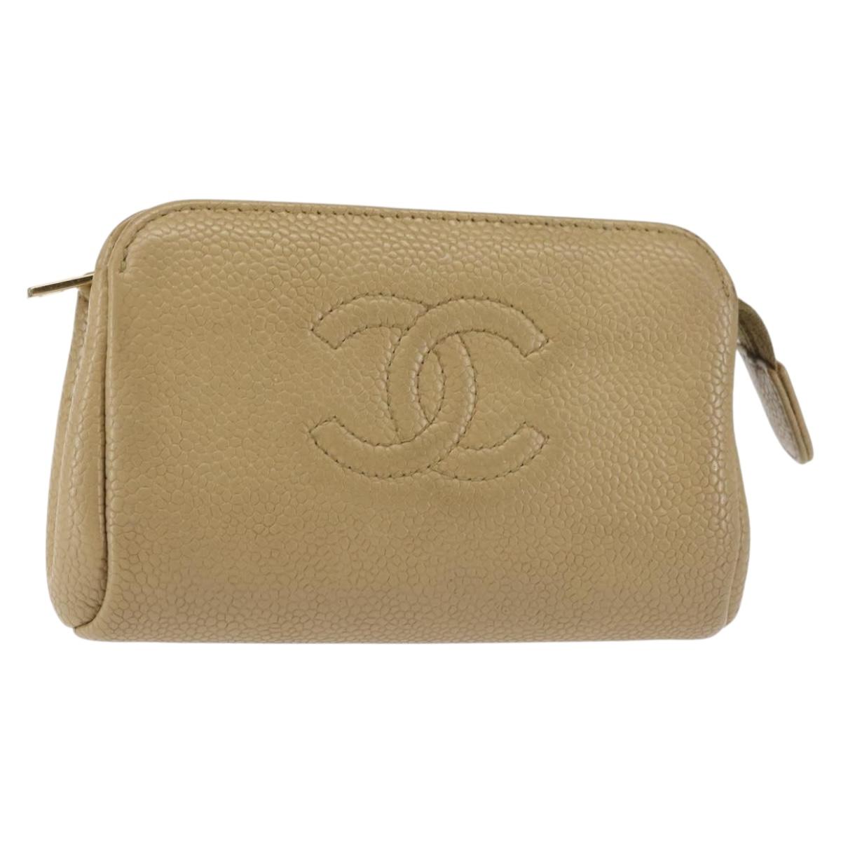 CHANEL Caviar Skin Pouch Beige Gold CC Auth 143277