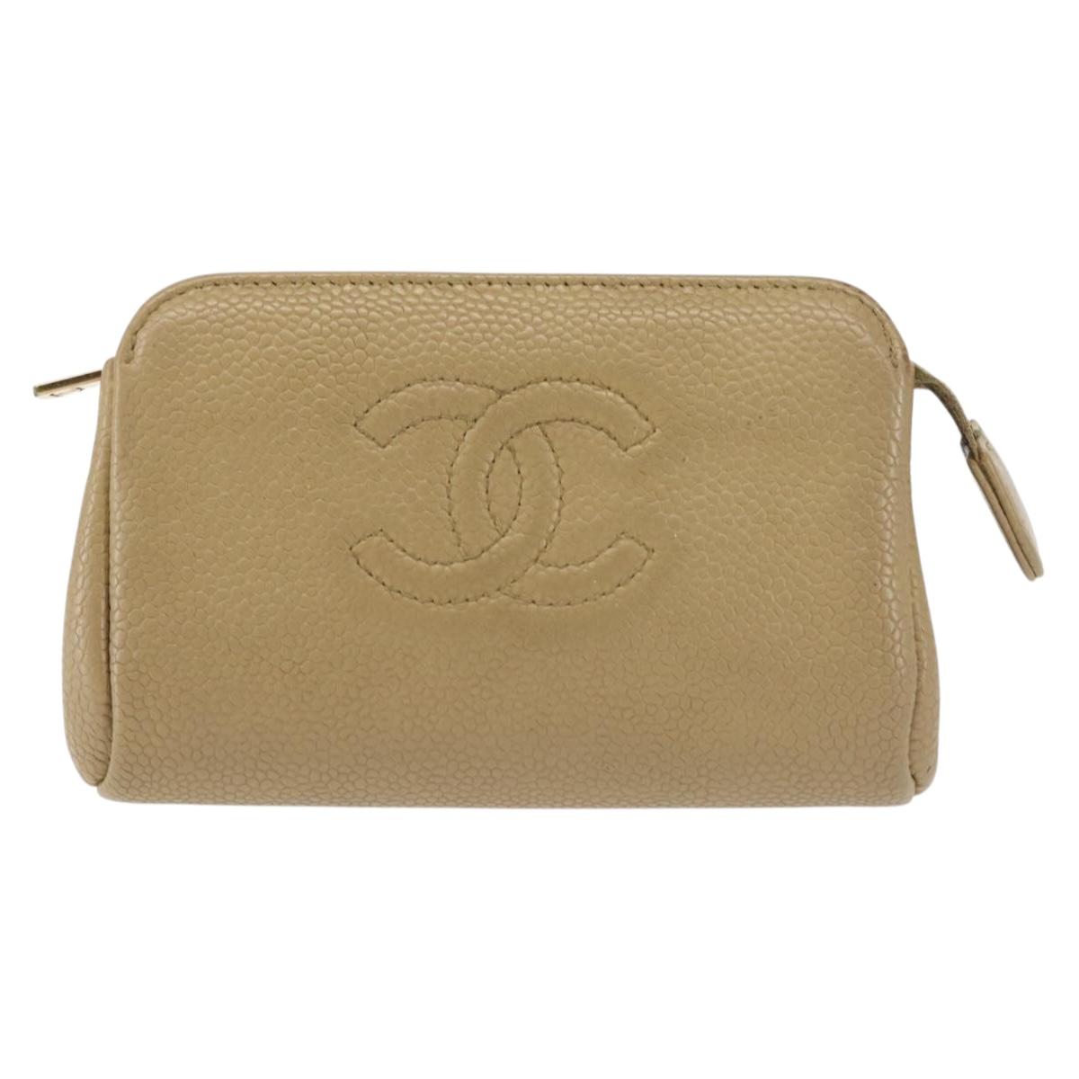 CHANEL Caviar Skin Pouch Beige Gold CC Auth 143277