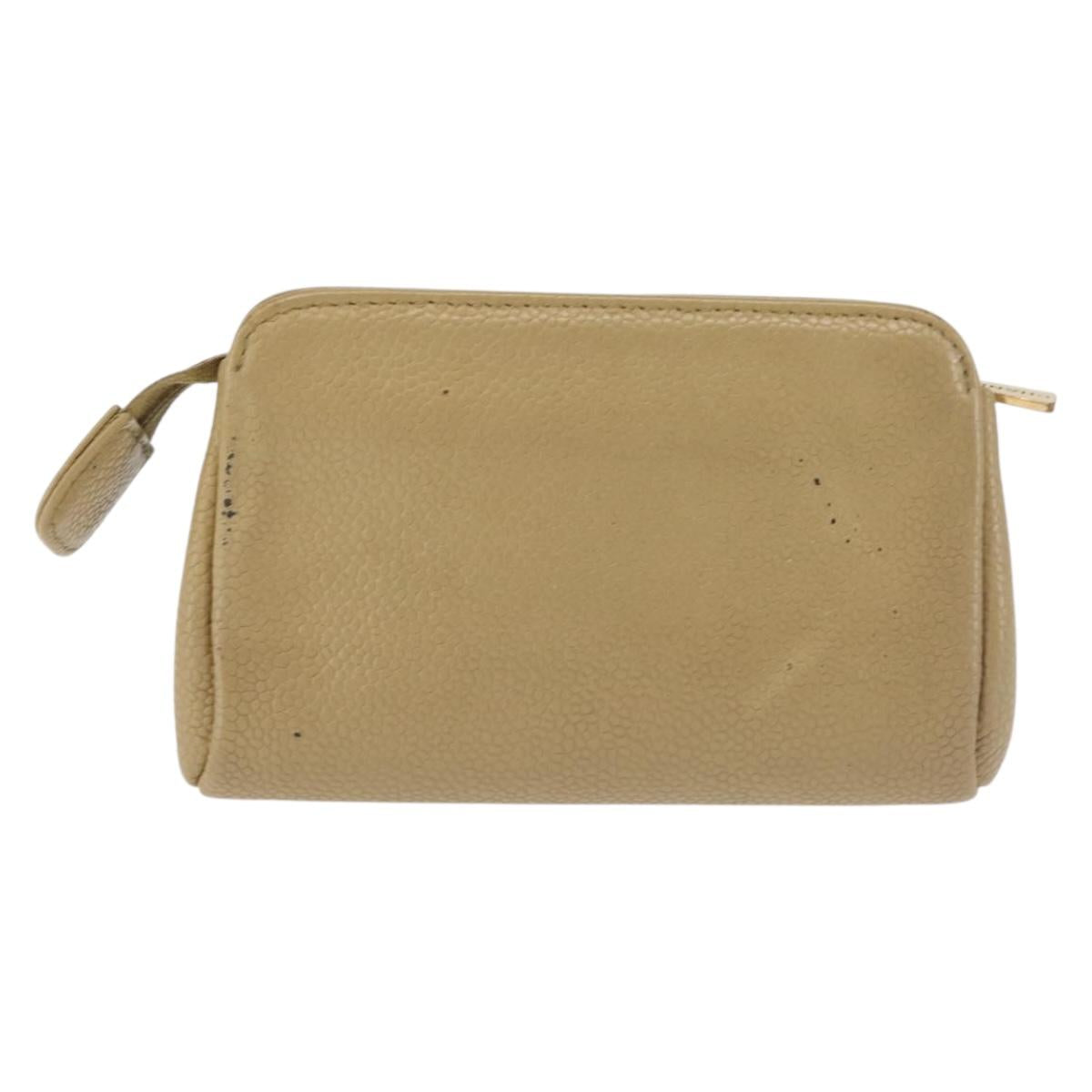 CHANEL Caviar Skin Pouch Beige Gold CC Auth 143277