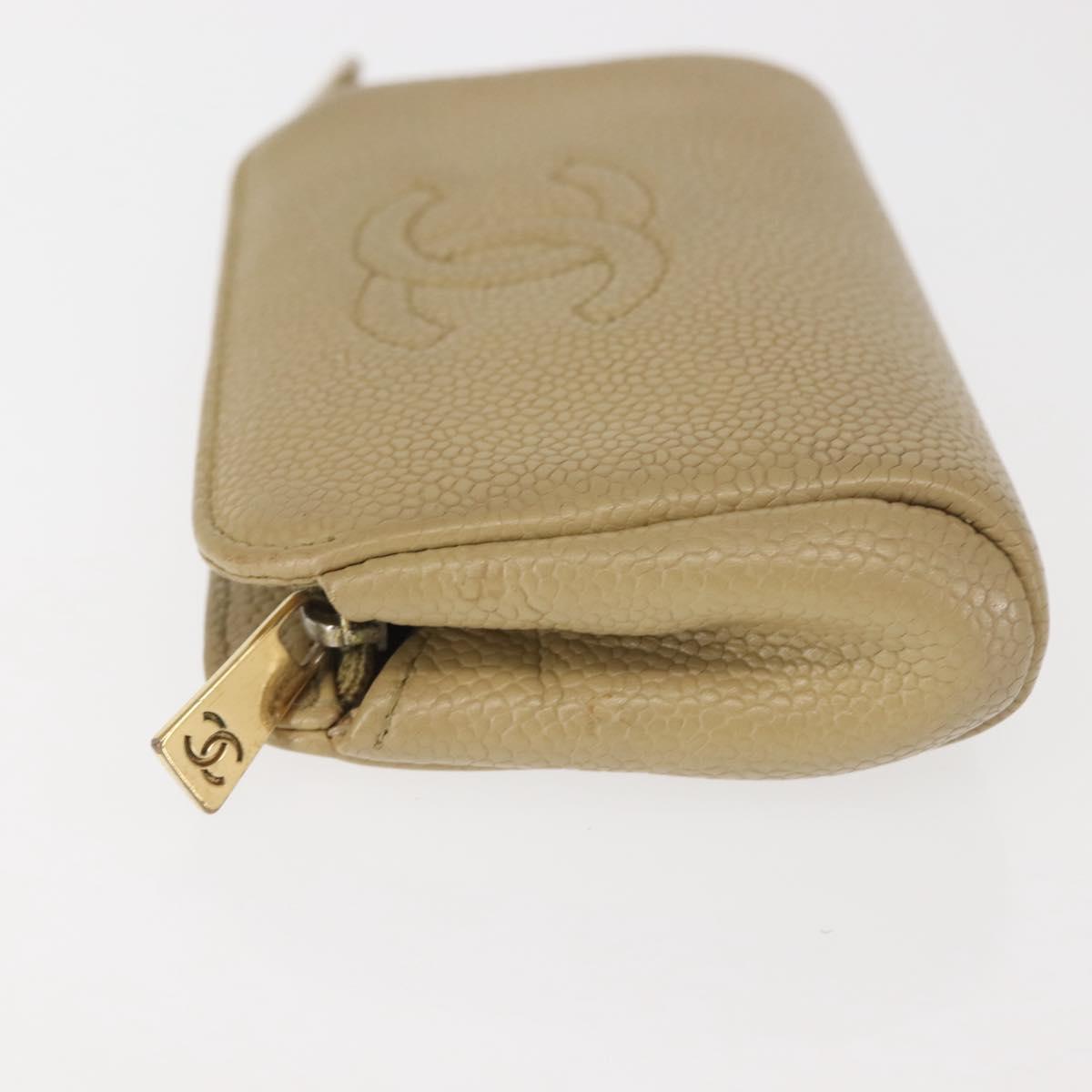 CHANEL Caviar Skin Pouch Beige Gold CC Auth 143277