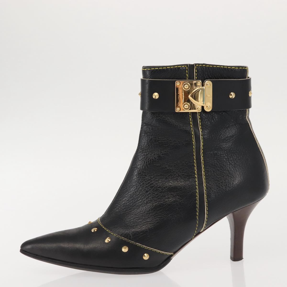 LOUIS VUITTON Short Boots Suhari Leather 34 1/2 Black Gold LV Auth 143282