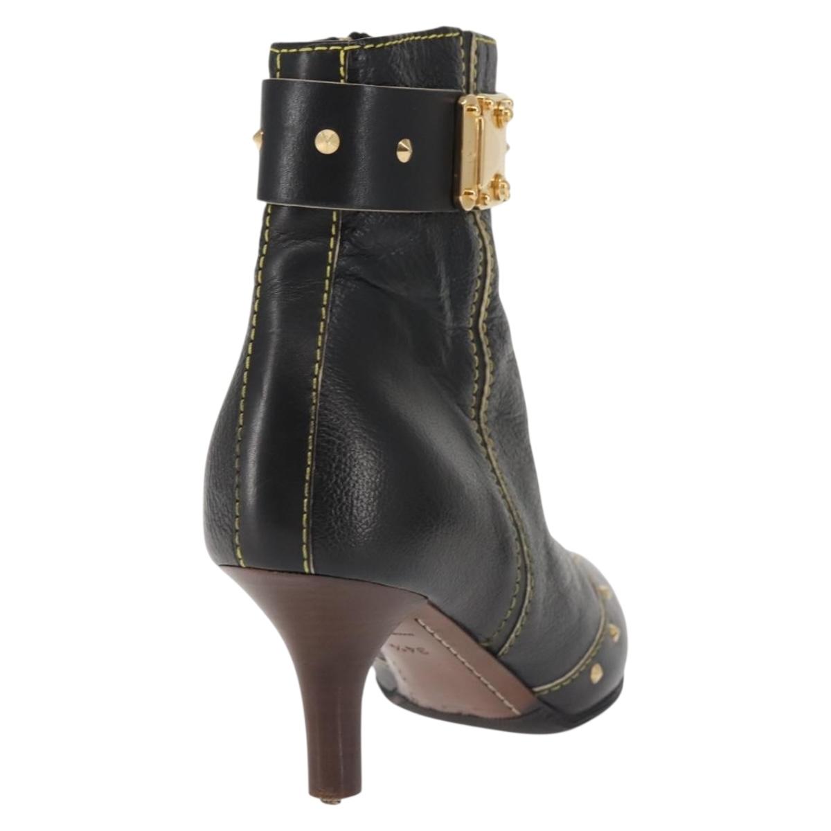 LOUIS VUITTON Short Boots Suhari Leather 34 1/2 Black Gold LV Auth 143282