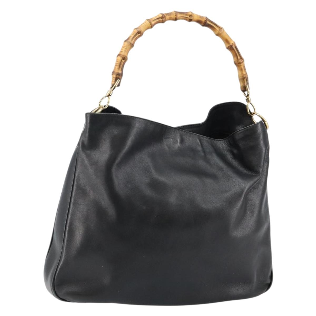 GUCCI Bamboo Hand Bag Leather Black Gold 001 1577 Auth 143300