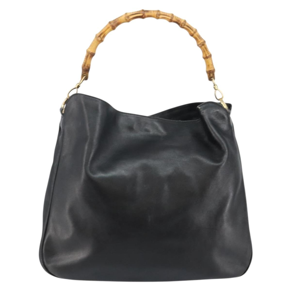 GUCCI Bamboo Hand Bag Leather Black Gold 001 1577 Auth 143300