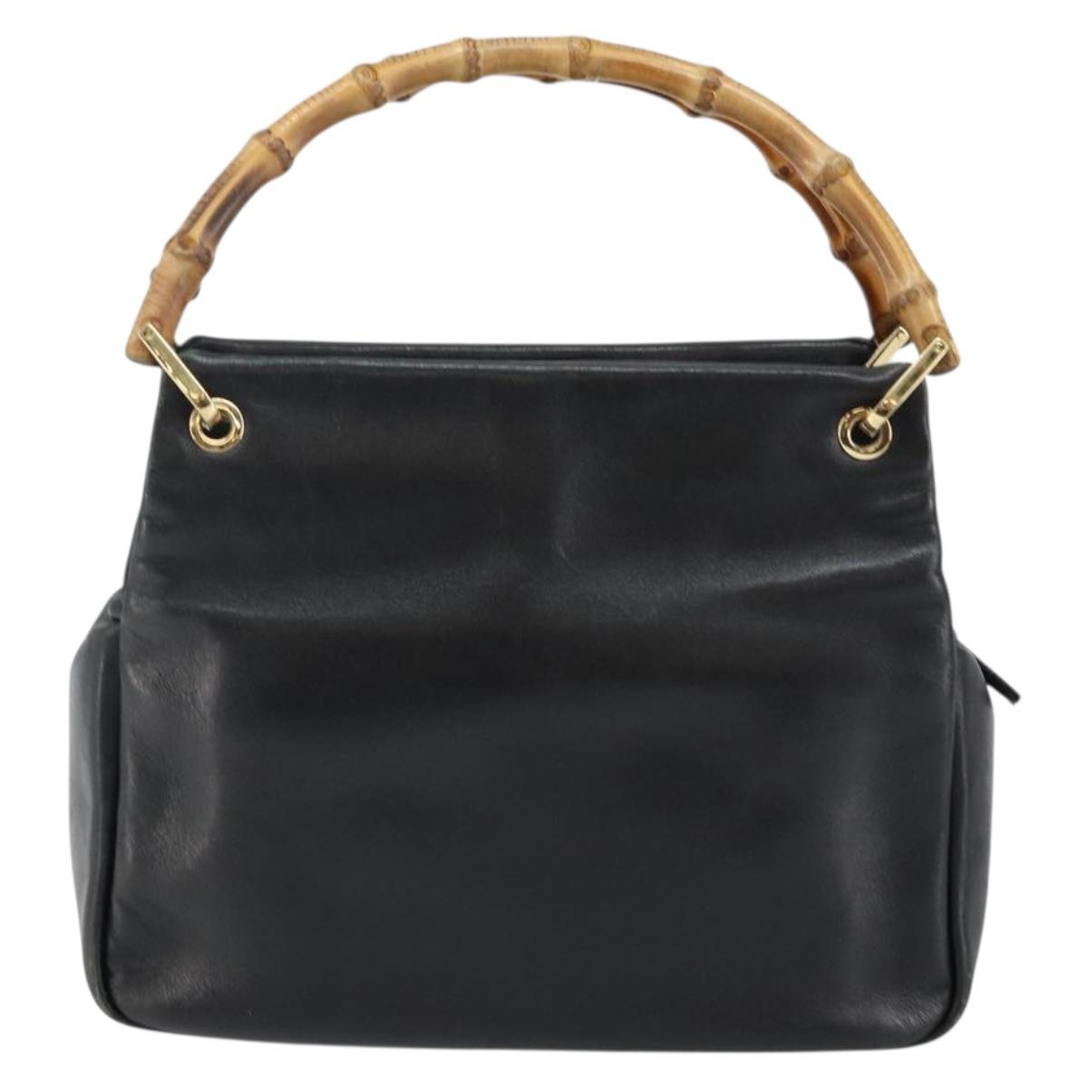 GUCCI Bamboo Hand Bag Leather Black Gold 000 2865 0575 Auth 143348