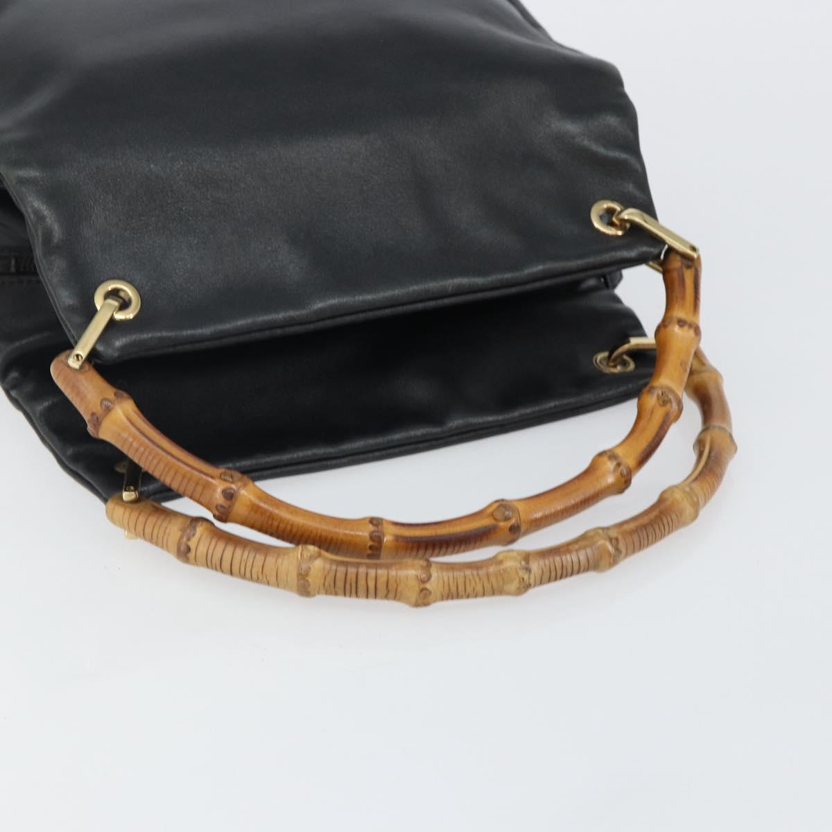 GUCCI Bamboo Hand Bag Leather Black Gold 000 2865 0575 Auth 143348
