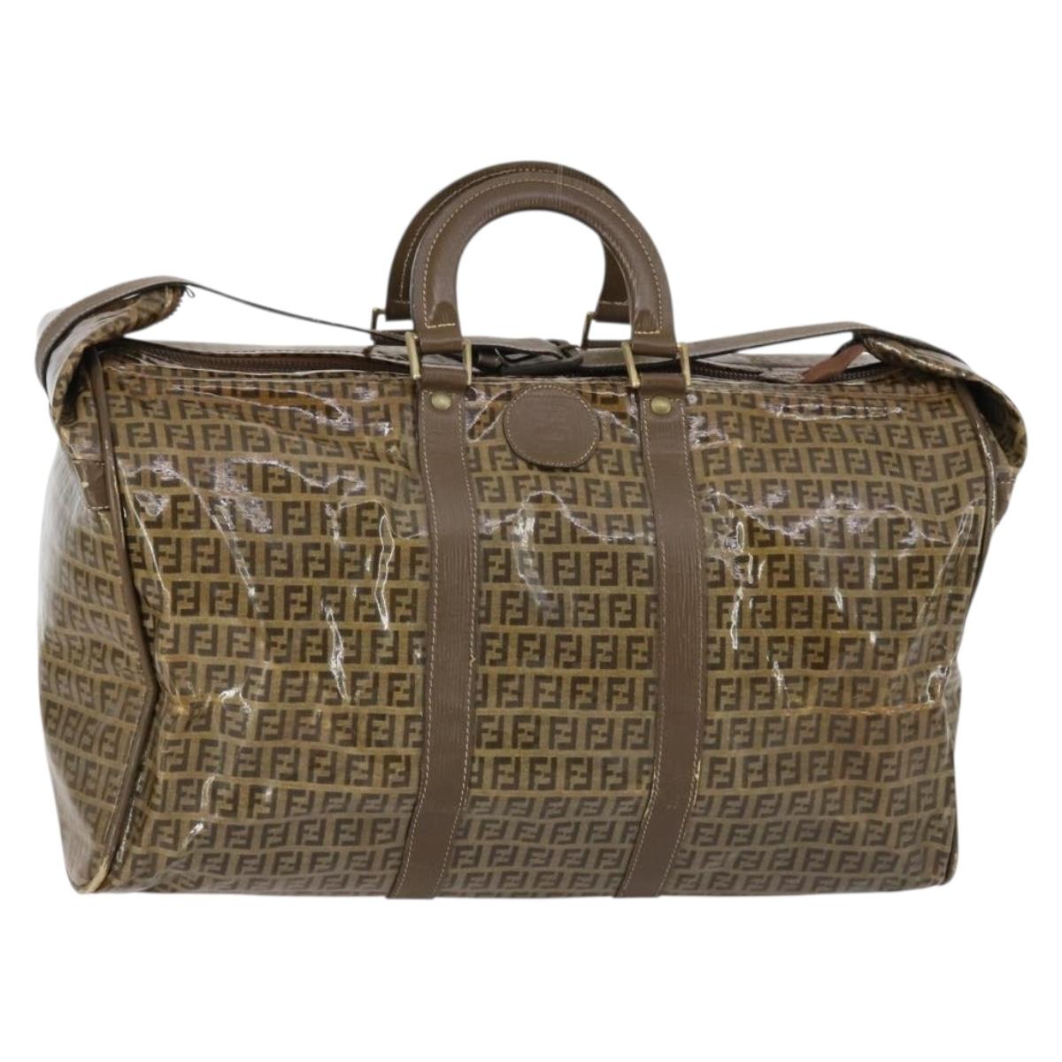 FENDI Zucchino Canvas Boston Bag Coated Canvas Brown Gold Auth 143353