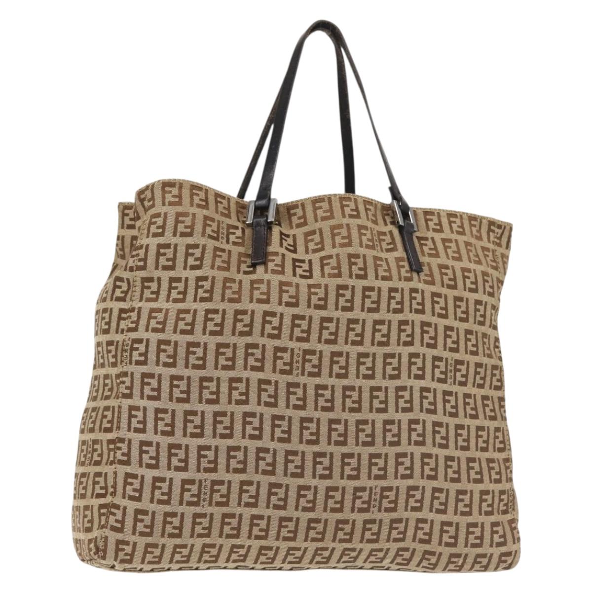 FENDI Zucchino Canvas Tote Bag Beige Silver Auth 143354