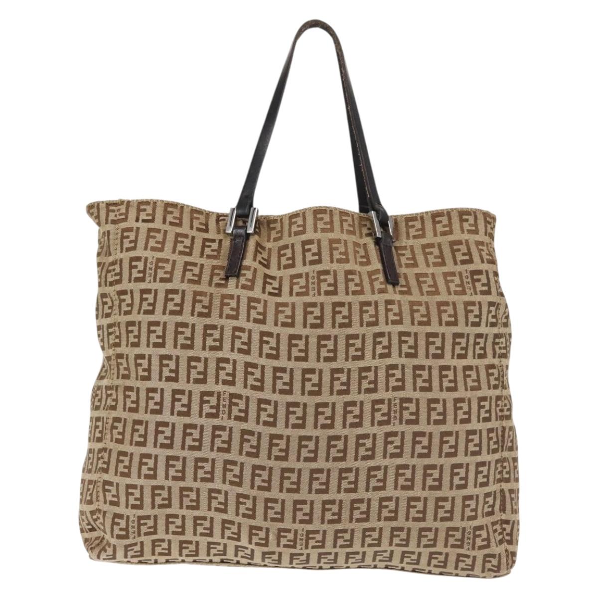 FENDI Zucchino Canvas Tote Bag Beige Silver Auth 143354