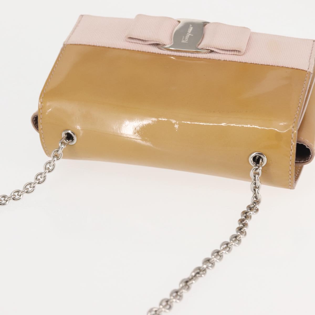 Salvatore Ferragamo Chain Vala Shoulder Bag Enamel Beige Silver Auth 143357