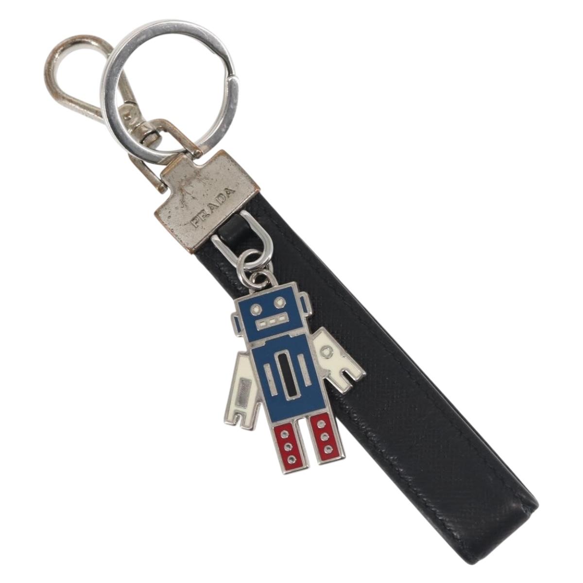 PRADA Charm Metal Leather 2Set Black Silver Auth 143381