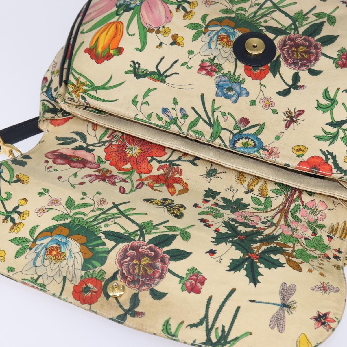 GUCCI Flora Shoulder Bag Canvas Beige Gold Auth 143493
