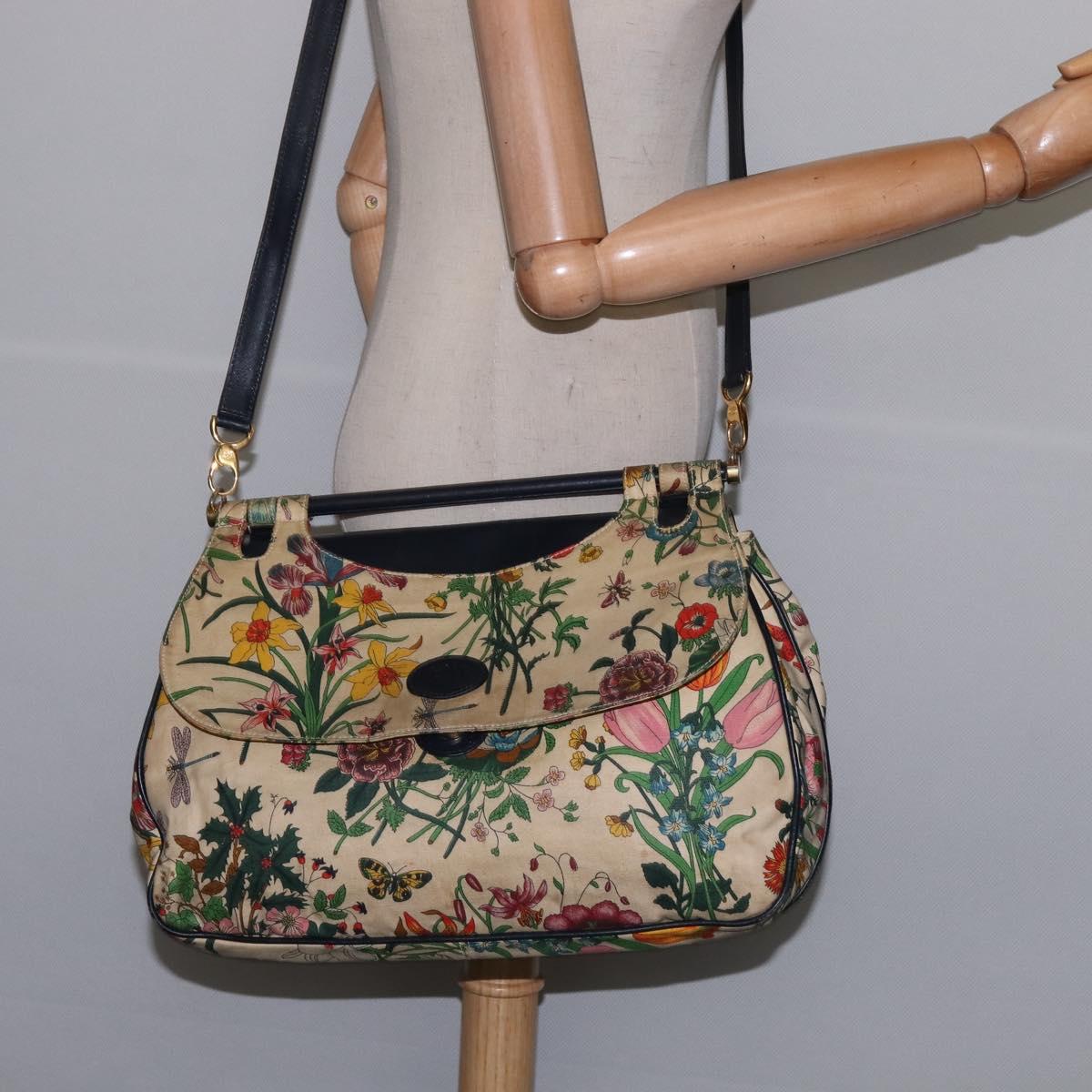 GUCCI Flora Shoulder Bag Canvas Beige Gold Auth 143493