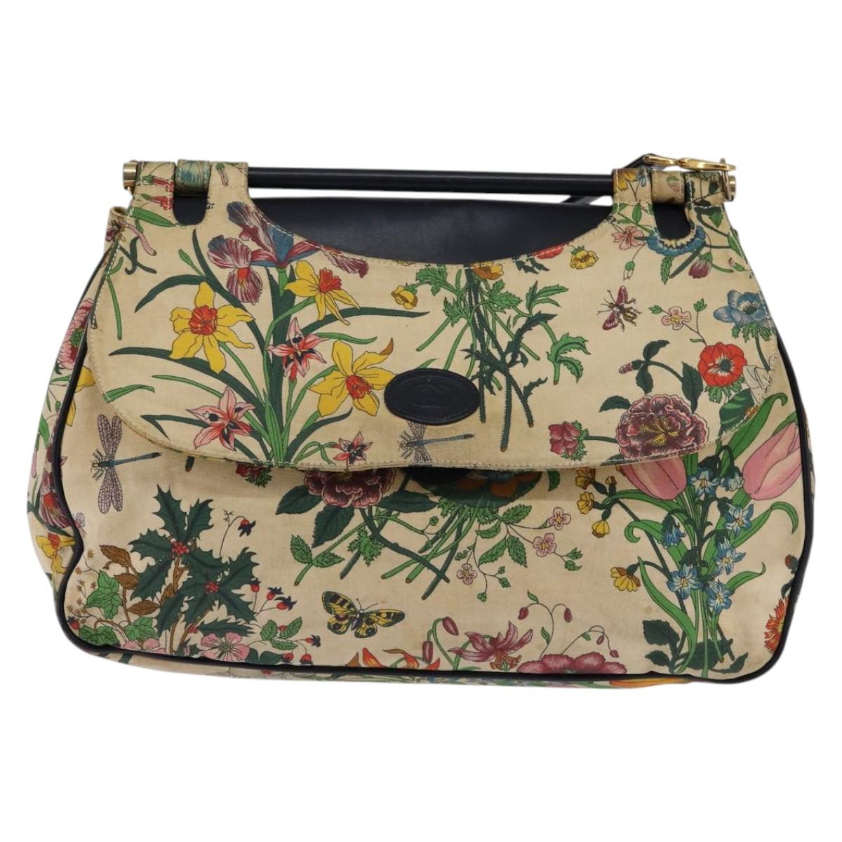 GUCCI Flora Shoulder Bag Canvas Beige Gold Auth 143493