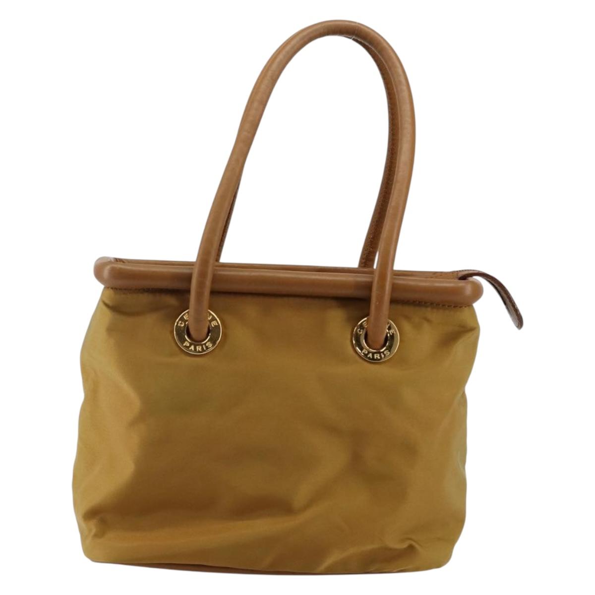 CELINE Hand Bag Nylon Brown Gold Auth 143497