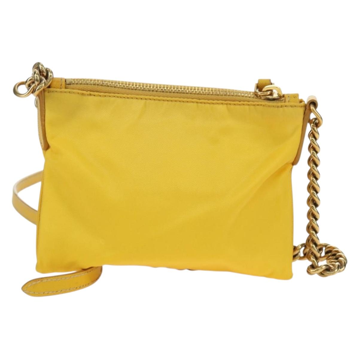 PRADA Chain Shoulder Bag Nylon Leather Yellow Gold Auth 143507