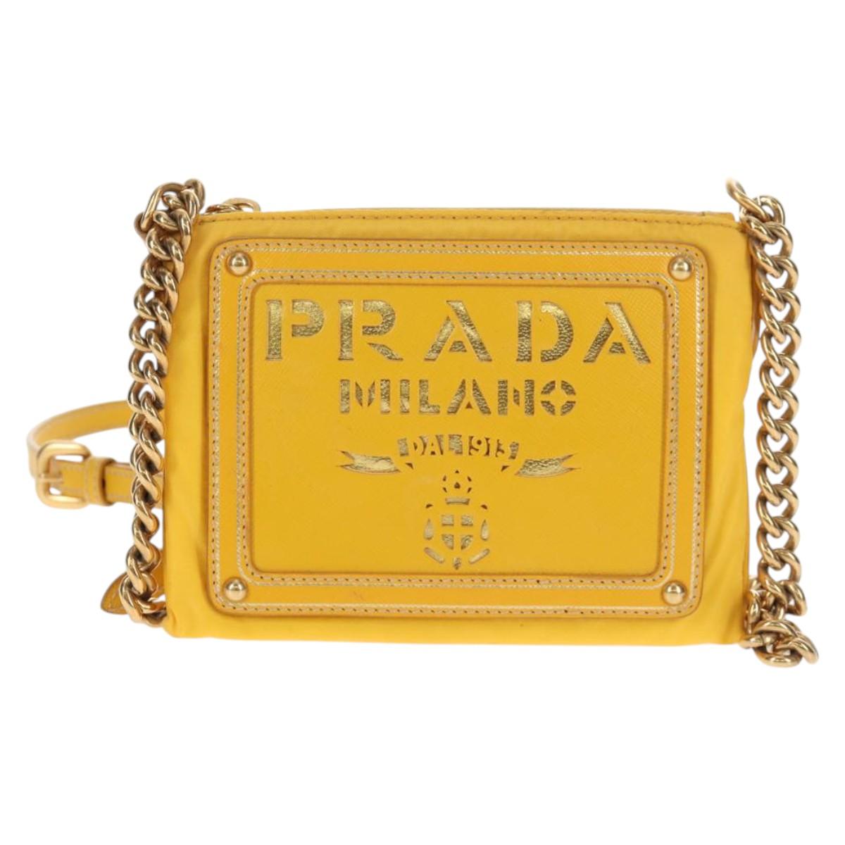 PRADA Chain Shoulder Bag Nylon Leather Yellow Gold Auth 143507V