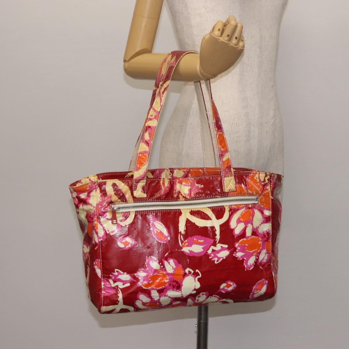 CHANEL High Summer Tote Bag Vinyl Red Silver CC Auth 143512