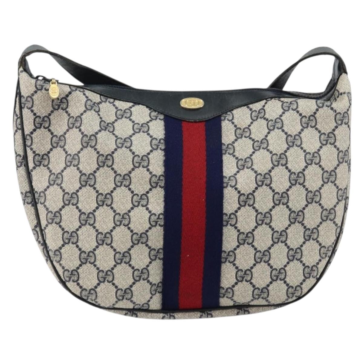 GUCCI GG Supreme Sherry Line Shoulder Bag PVC Navy Gold Red Auth 143575