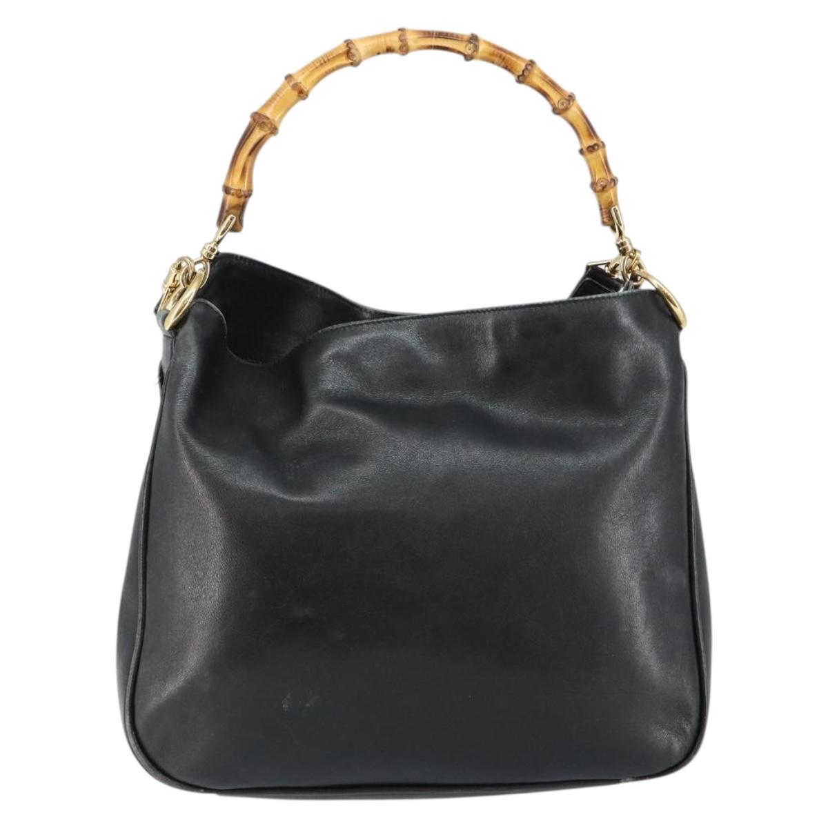 GUCCI Bamboo Hand Bag Leather 2way Black Gold Auth 143579