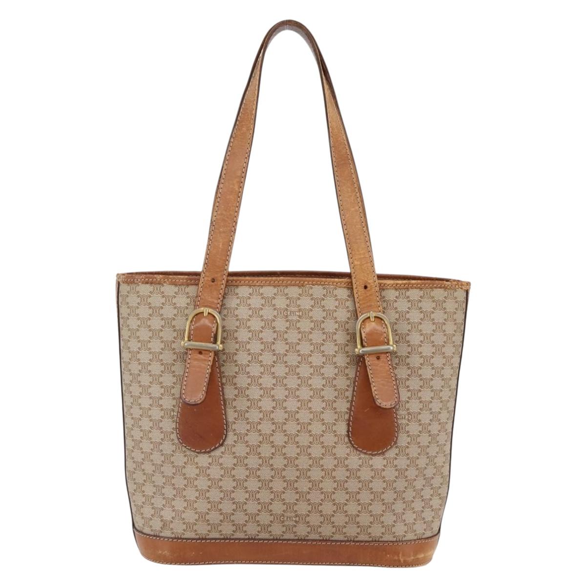 CELINE Macadam Canvas Tote Bag PVC Beige Gold Auth 143582