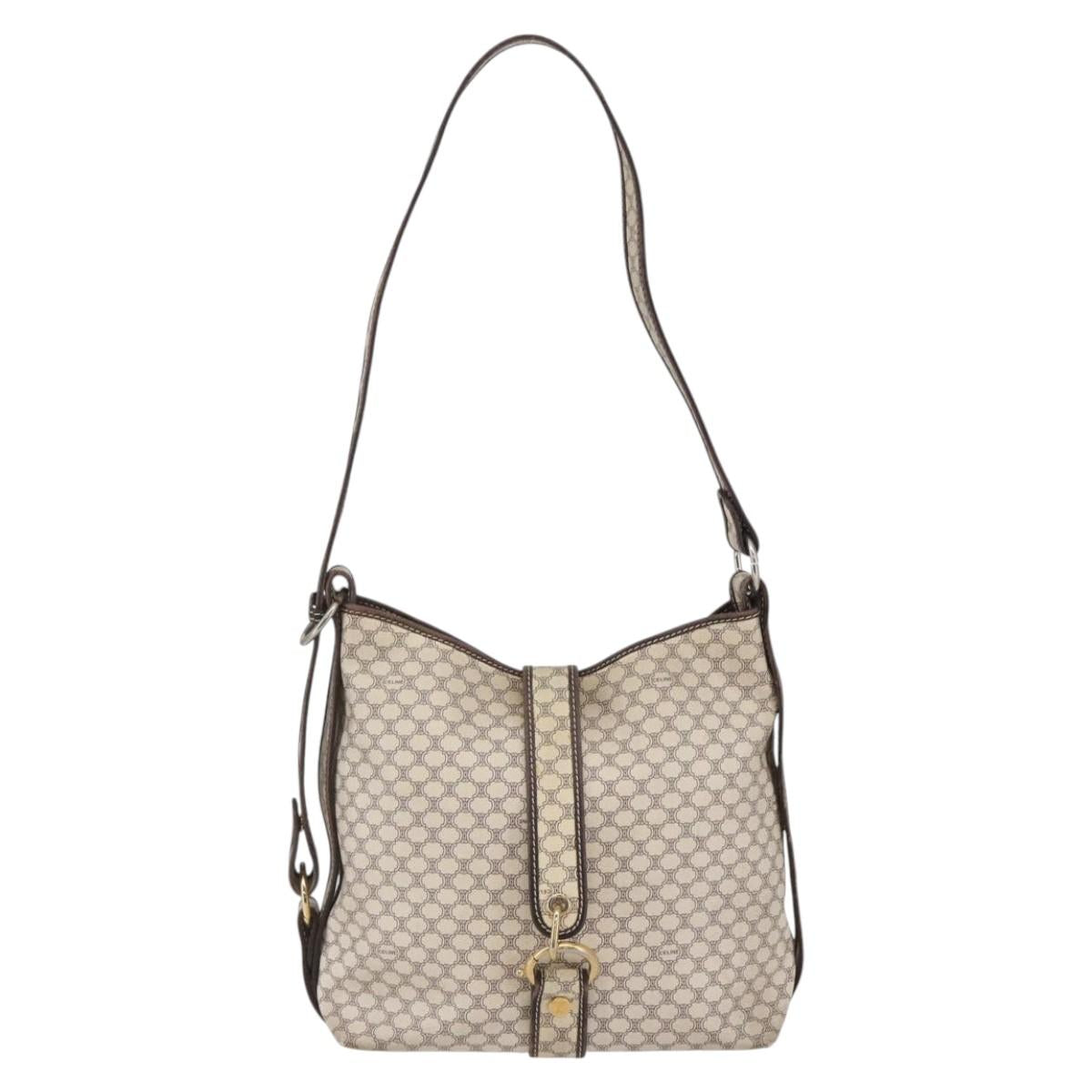 CELINE Macadam Canvas Shoulder Bag PVC Leather White gold Auth 143583