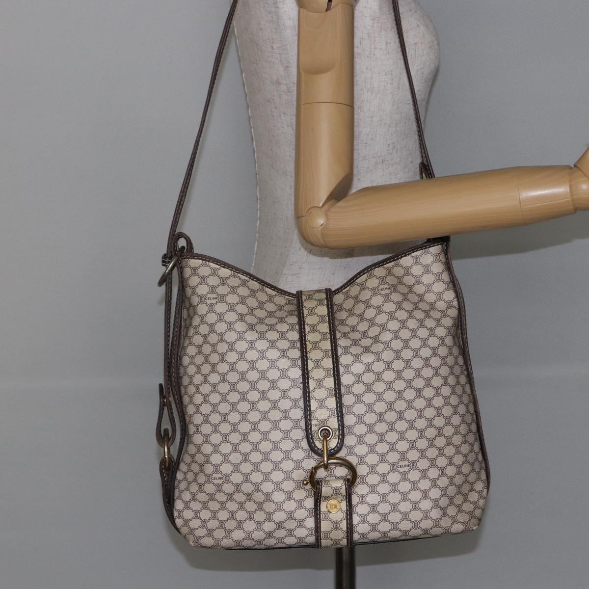 CELINE Macadam Canvas Shoulder Bag PVC Leather White gold Auth 143583