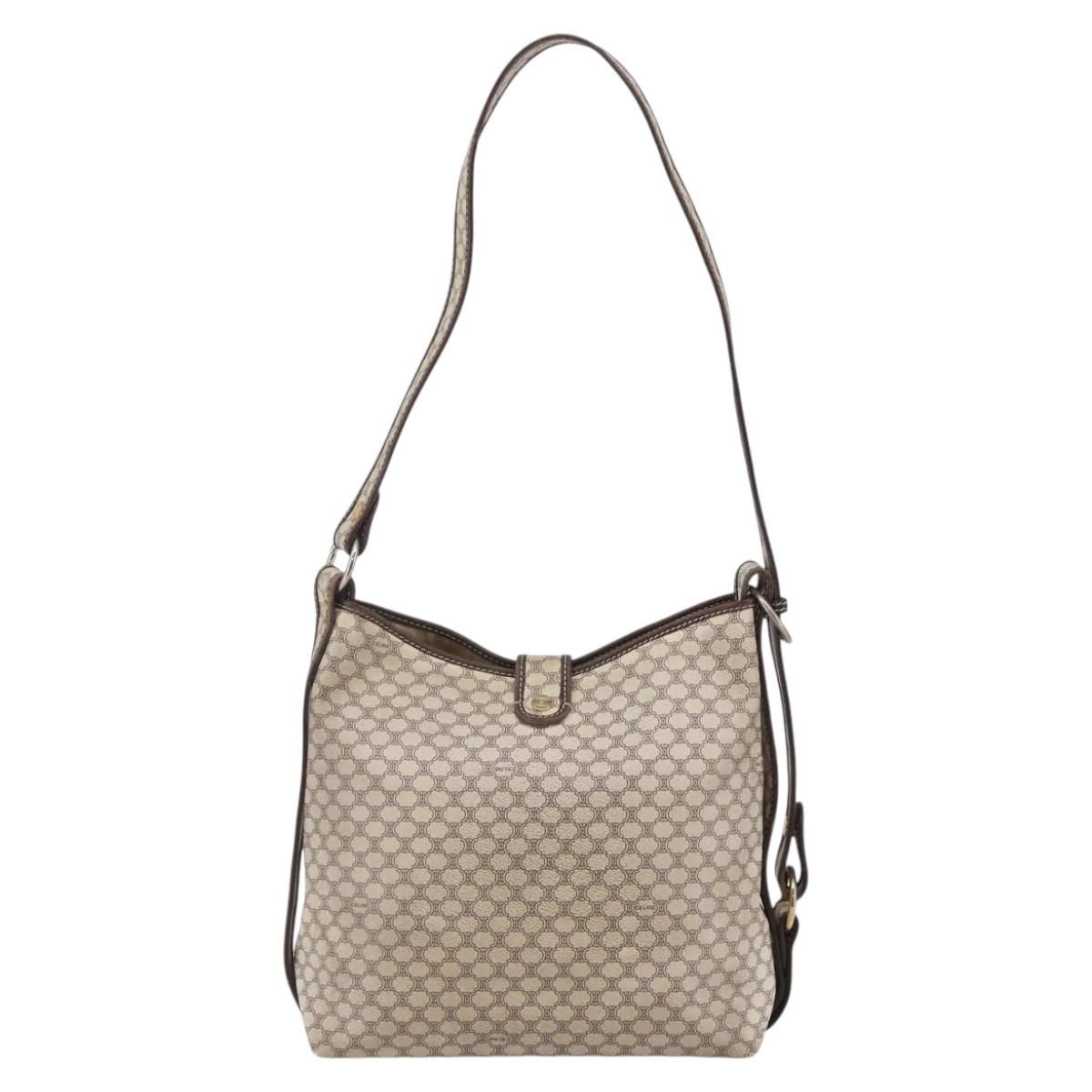 CELINE Macadam Canvas Shoulder Bag PVC Leather White gold Auth 143583