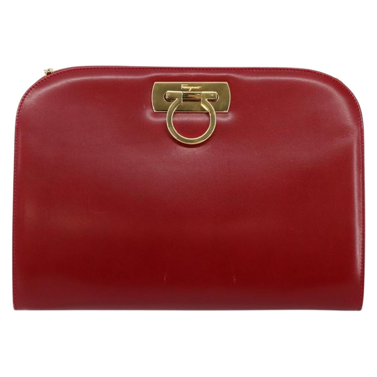 Salvatore Ferragamo Gancini Chain Shoulder Bag Leather Red Gold Auth 143586