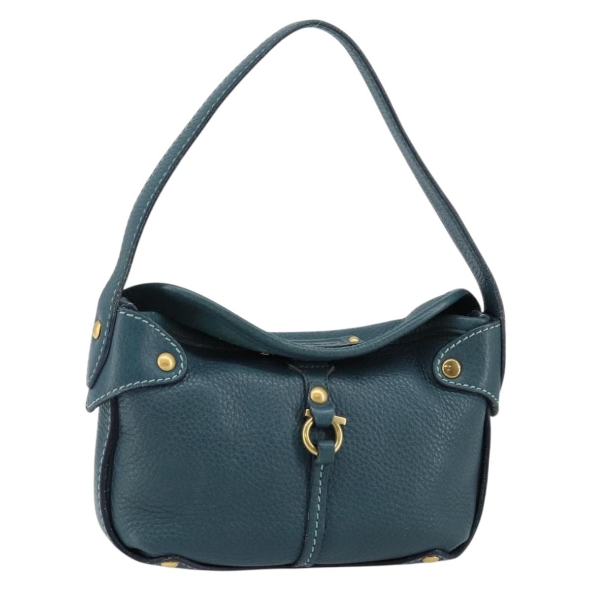Salvatore Ferragamo Gancini Shoulder Bag Leather Blue Gold Auth 143587