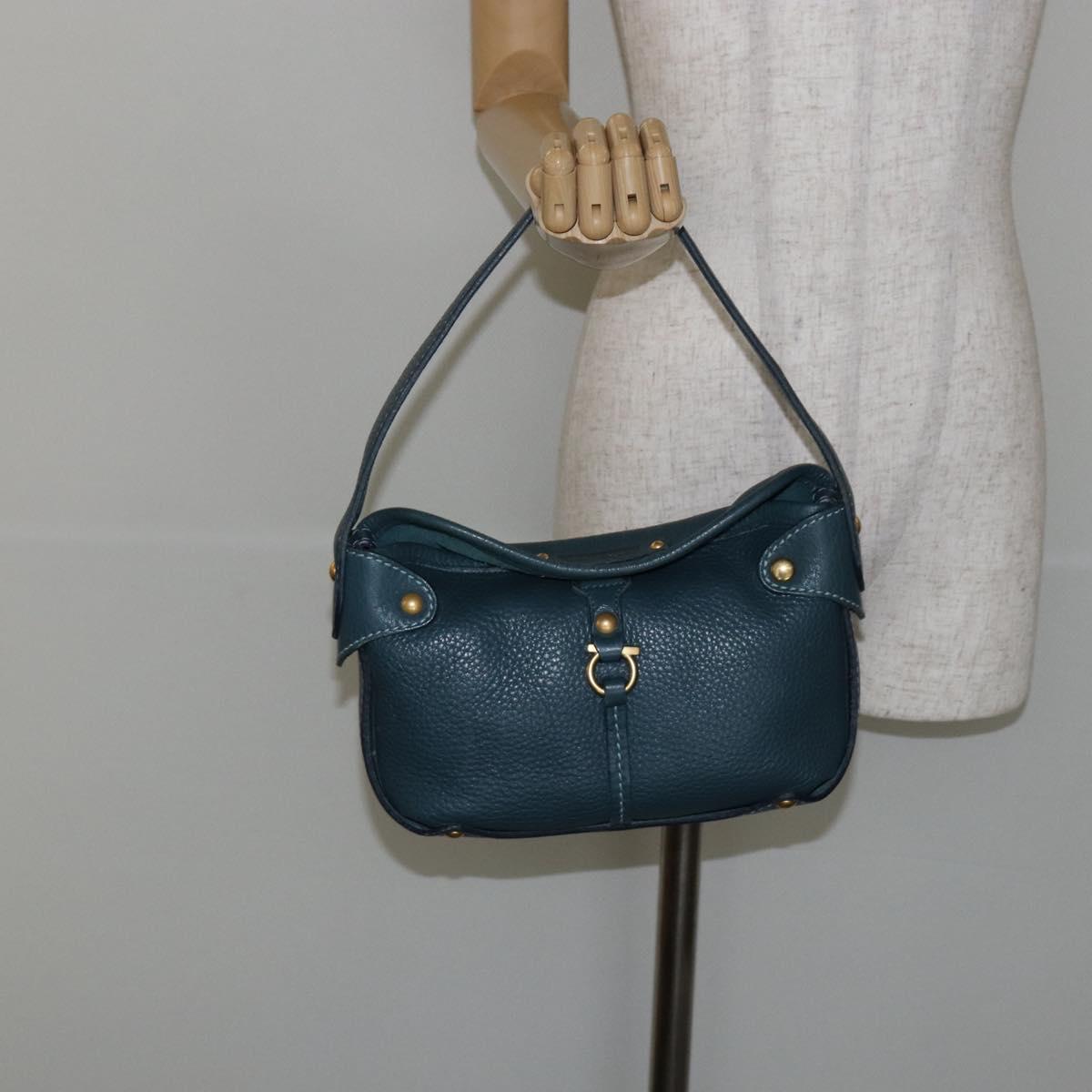 Salvatore Ferragamo Gancini Shoulder Bag Leather Blue Gold Auth 143587