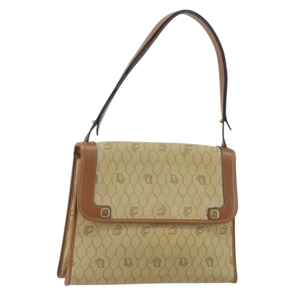 Christian Dior Honeycomb Canvas Shoulder Bag Beige Gold Auth 143588