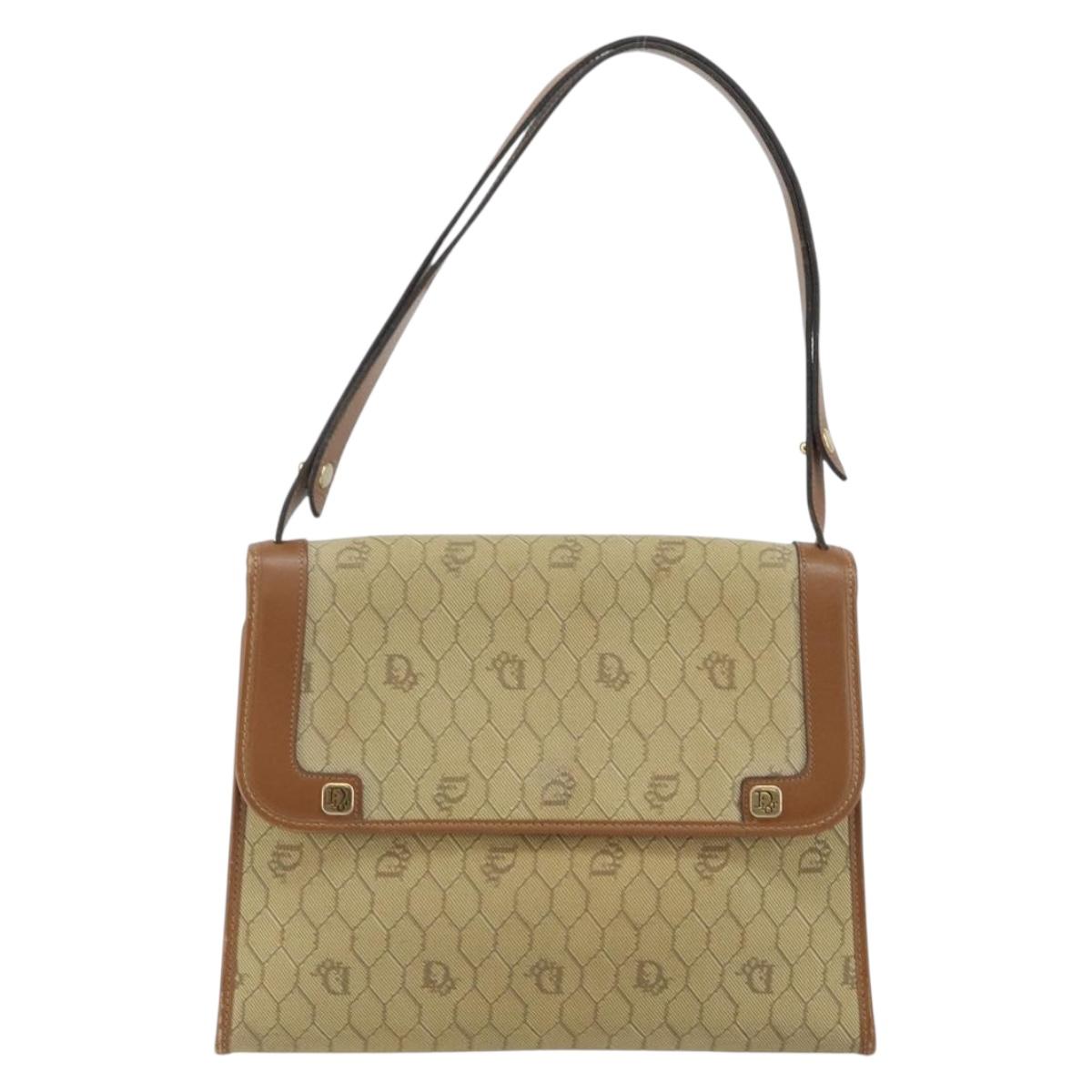 Christian Dior Honeycomb Canvas Shoulder Bag Beige Gold Auth 143588