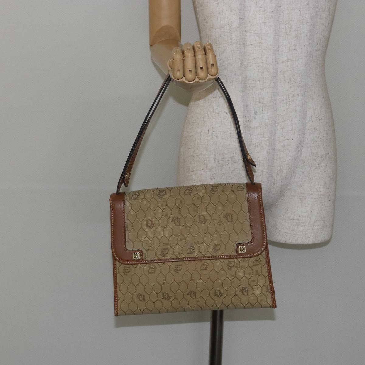 Christian Dior Honeycomb Canvas Shoulder Bag Beige Gold Auth 143588