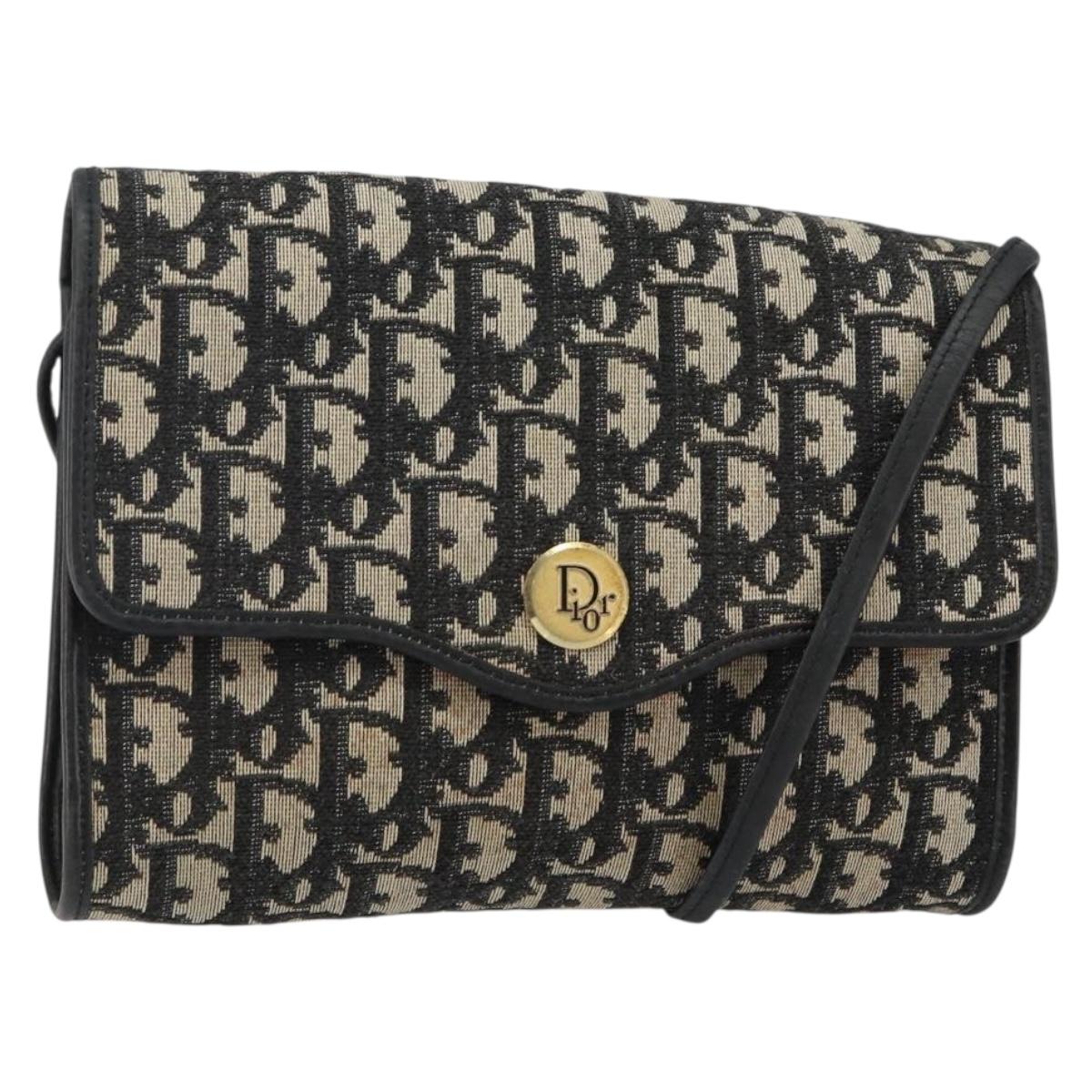 Christian Dior Trotter Canvas Shoulder Bag Navy Gold Auth 143589