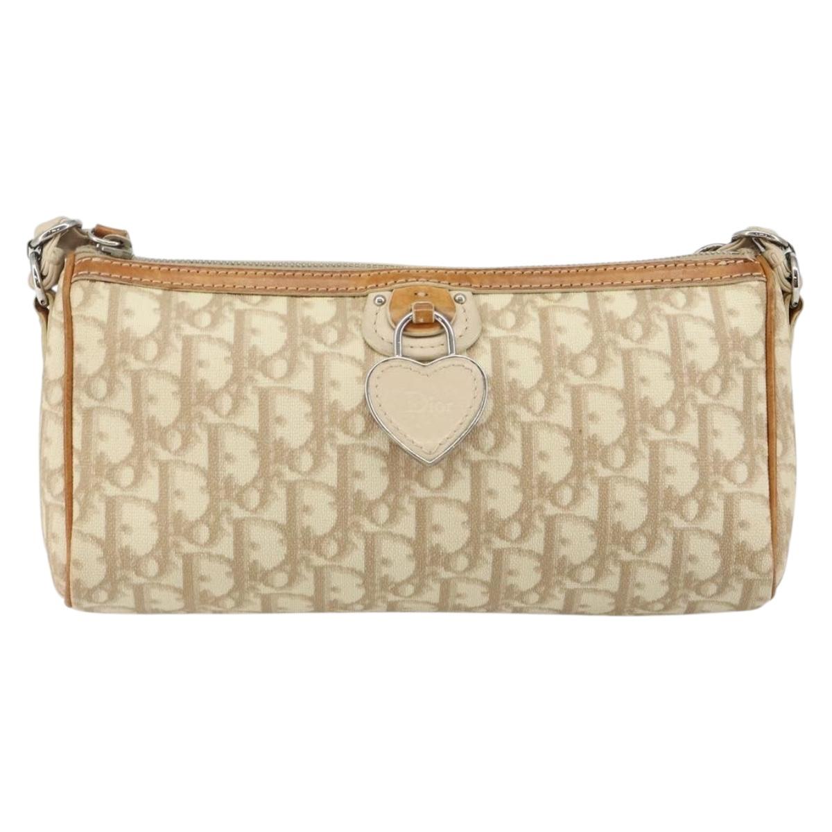 Christian Dior Trotter Canvas Romantic Shoulder Bag PVC Beige Silver Auth 143590