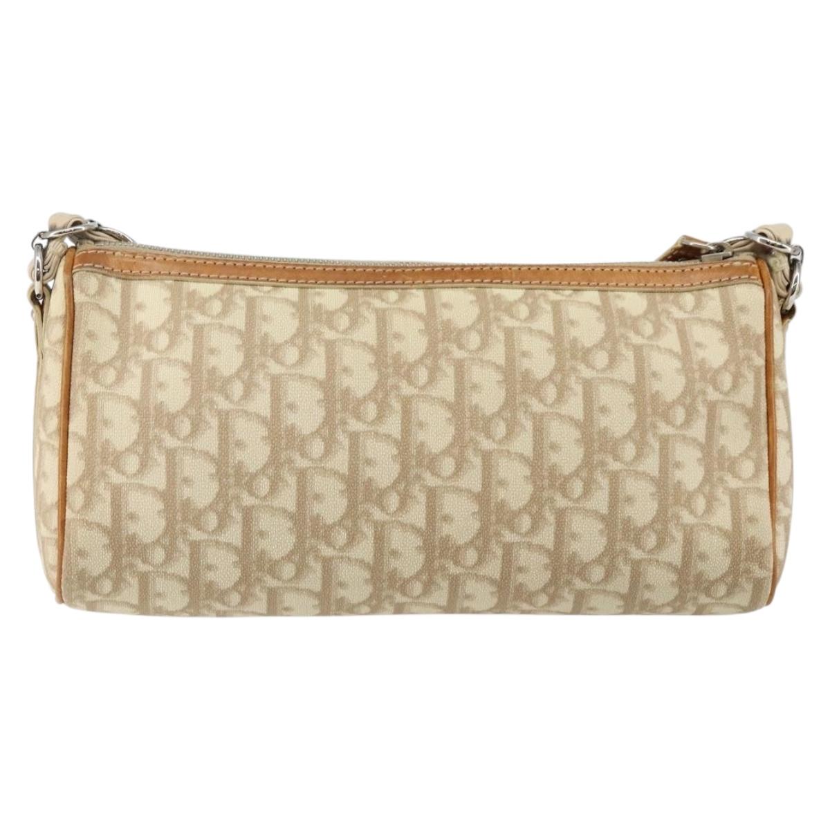 Christian Dior Trotter Canvas Romantic Shoulder Bag PVC Beige Silver Auth 143590