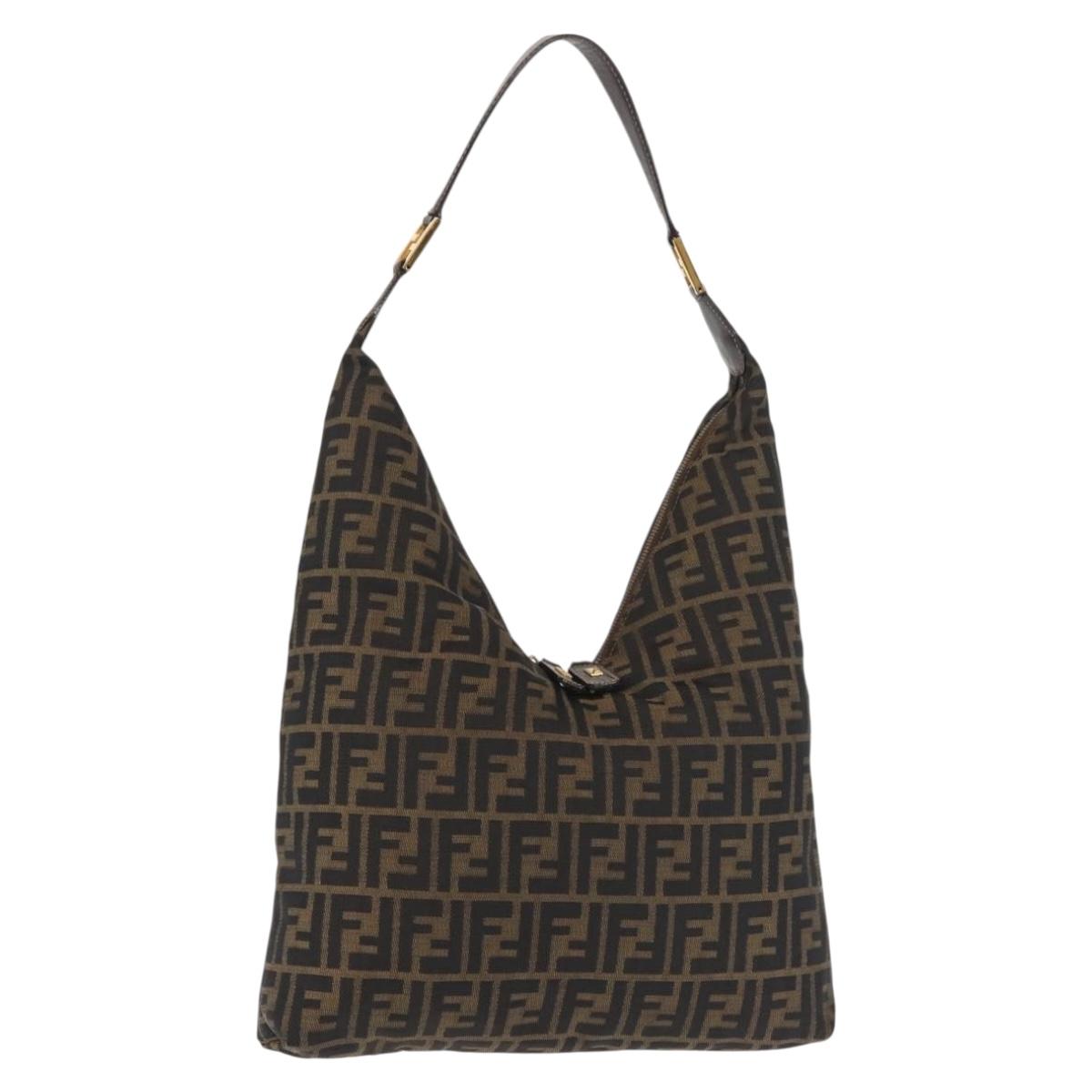FENDI Zucca Canvas Shoulder Bag Black Brown Auth 143594